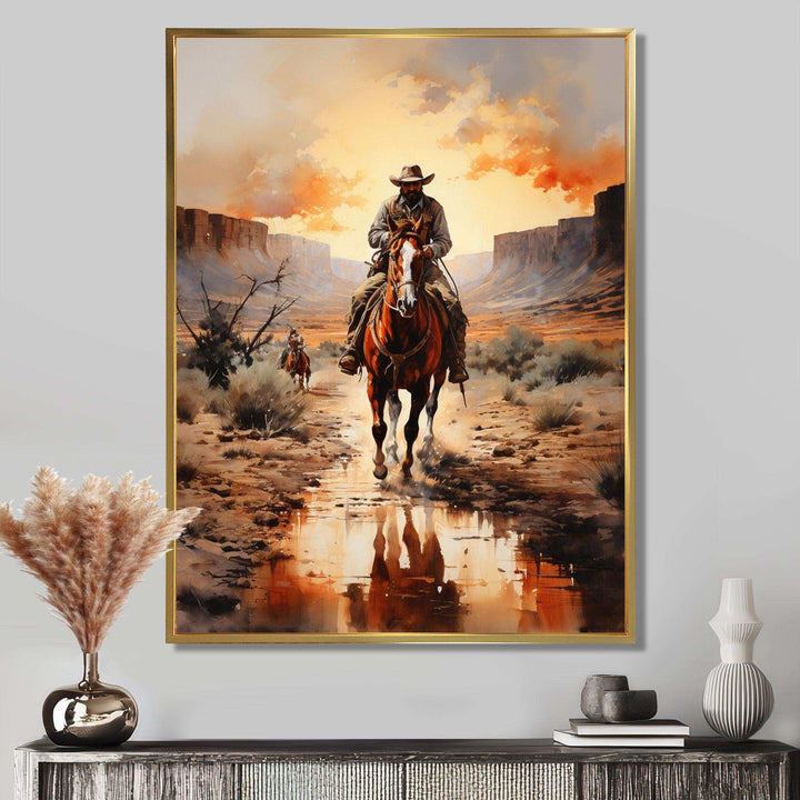 Cowboy Chasing The Sunset II - People Canvas Wall Art
