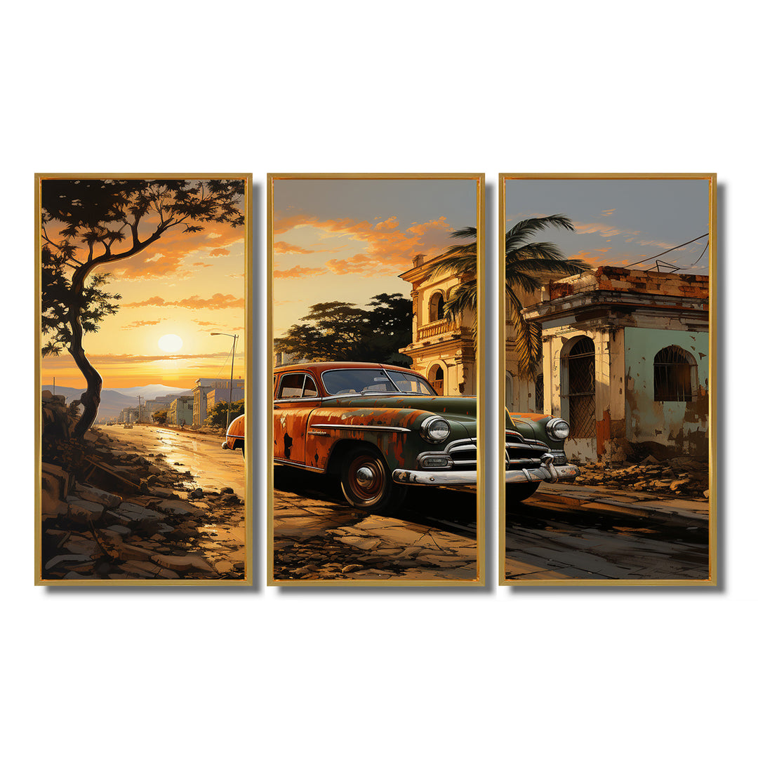 Cuba Havana Sunset - 3-Piece Canvas Wall Art