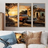 Cuba Havana Sunset - 3-Piece Canvas Wall Art