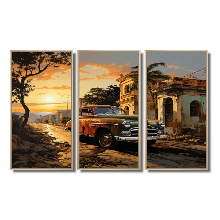 Cuba Havana Sunset - 3-Piece Canvas Wall Art
