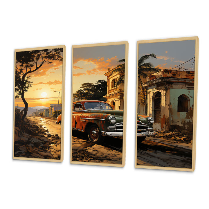 Cuba Havana Sunset - 3-Piece Canvas Wall Art