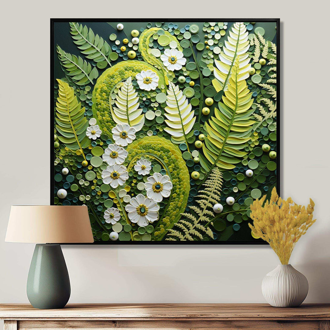 Light Green Ferns Plant Whimsical Spirals I - Floral Canvas Wall Art