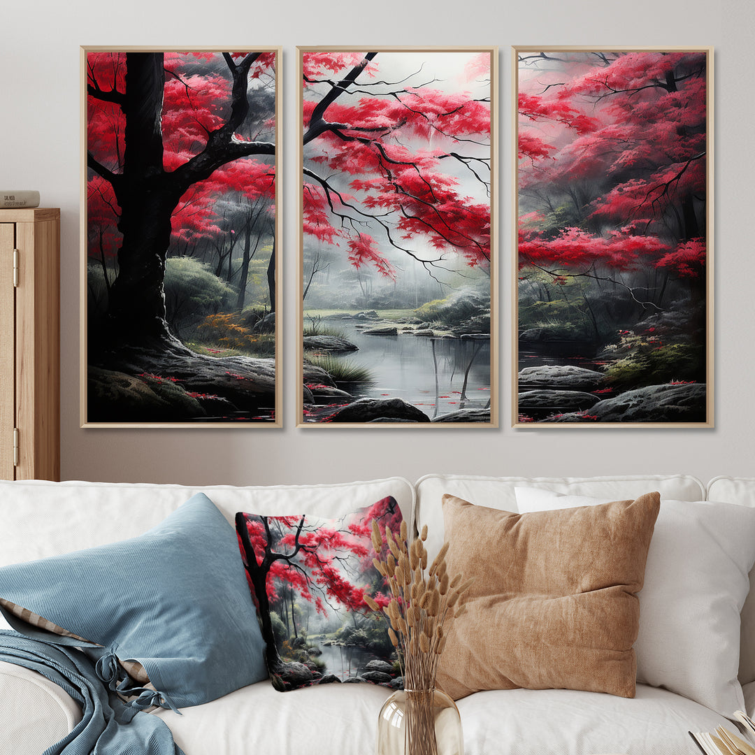 Minimalist Monochrome Red Forest III - Canvas Wall Art Sets