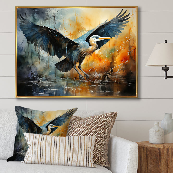 Teal Yellow Heron Elegance Unveiled Pointillism - Heron Wall Decor
