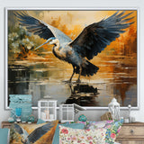 Black Yellow Heron Elegance Unveiled Pointillism - Heron Wall Decor