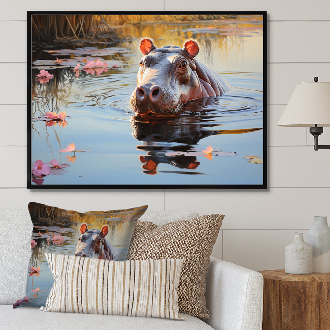Hippopotamus Mighty Hippo Pastoral - Gray Hippopotamus Wall Art