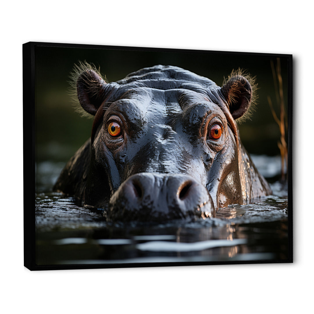 Hippopotamus Portrait Monochrome - Hippopotamus Framed Canvas Art