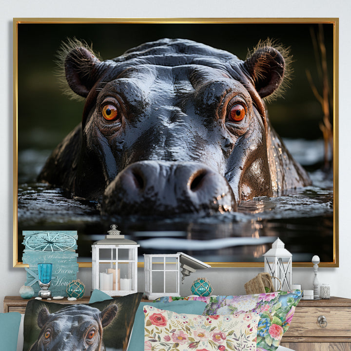 Hippopotamus Portrait Monochrome - Hippopotamus Framed Canvas Art