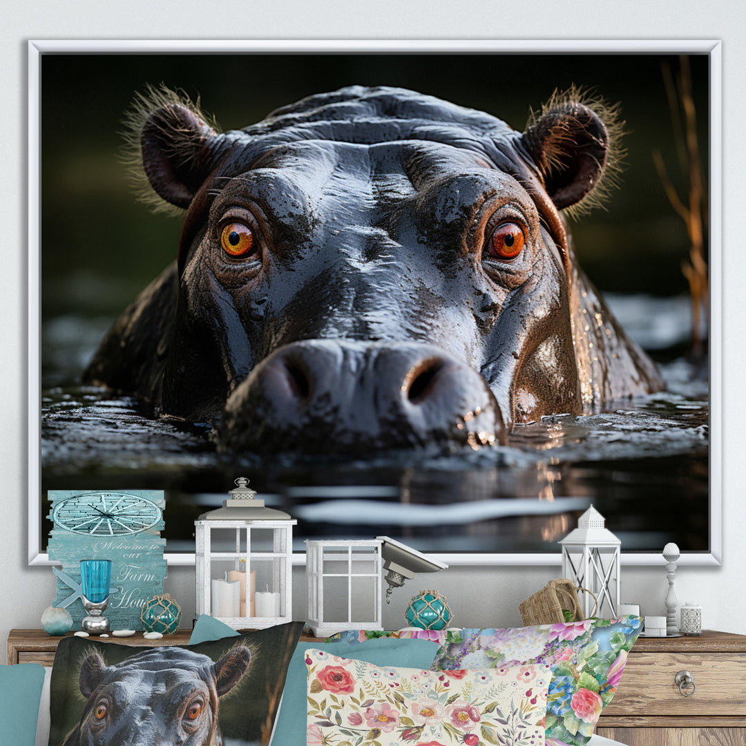 Hippopotamus Portrait Monochrome - Hippopotamus Framed Canvas Art