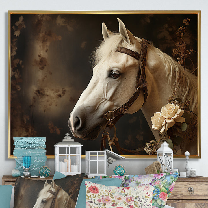 White Beige Horse Majestic Duality - Horse Large Canvas Wall Art