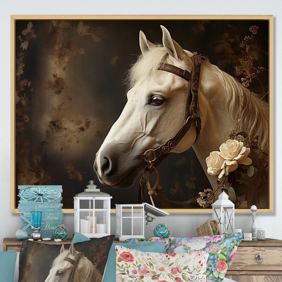 White Beige Horse Majestic Duality - Horse Large Canvas Wall Art