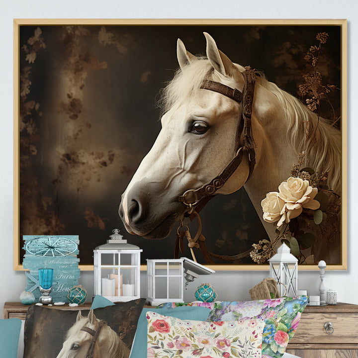 White Beige Horse Majestic Duality - Horse Large Canvas Wall Art