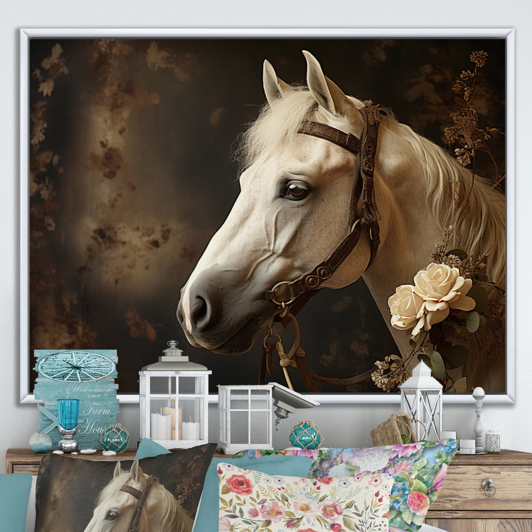 White Beige Horse Majestic Duality - Horse Large Canvas Wall Art