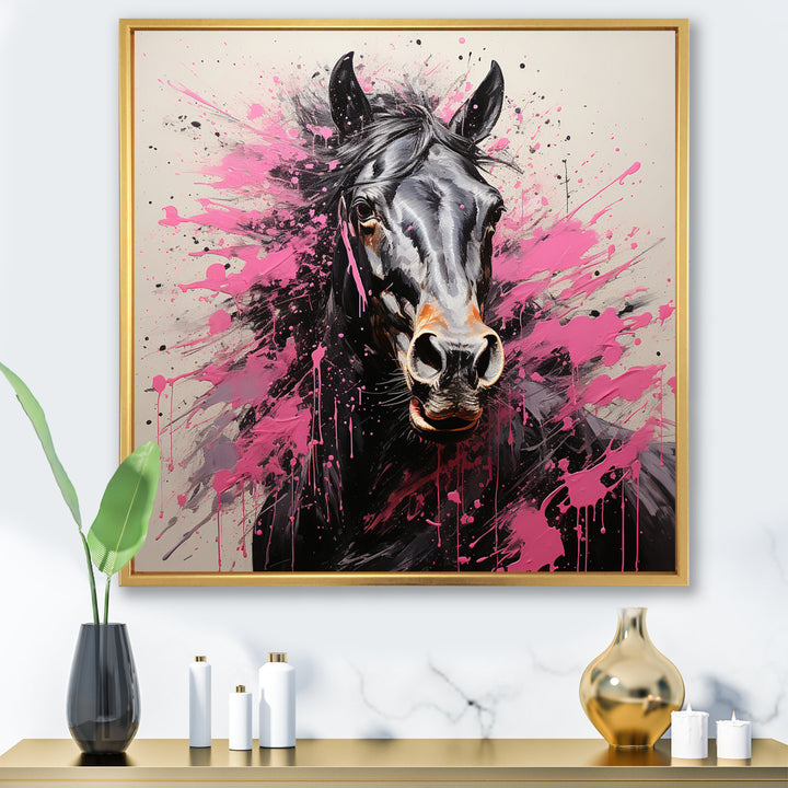 Black Pink Horse Vibrant Equine Pointillism - Horse Wall Decor