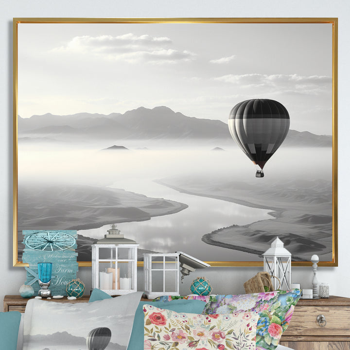 Grey Hot Air Balloon Monochrome - Hot Air Balloon Canvas Wall Art