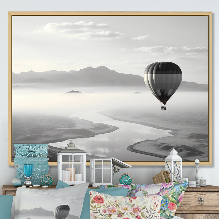 Grey Hot Air Balloon Monochrome - Hot Air Balloon Canvas Wall Art