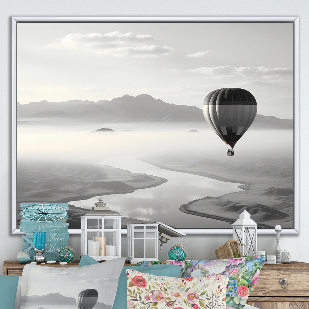 Grey Hot Air Balloon Monochrome - Hot Air Balloon Canvas Wall Art