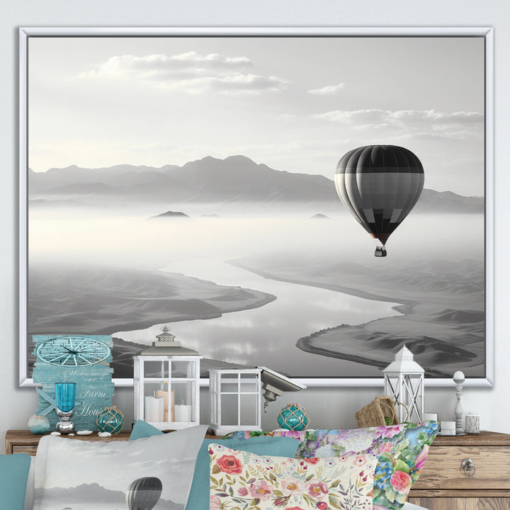 Grey Hot Air Balloon Monochrome - Hot Air Balloon Canvas Wall Art