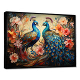 Blue Coral Indian Art Dancing Peacocks I - People Canvas Wall Art