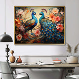 Blue Coral Indian Art Dancing Peacocks I - People Canvas Wall Art