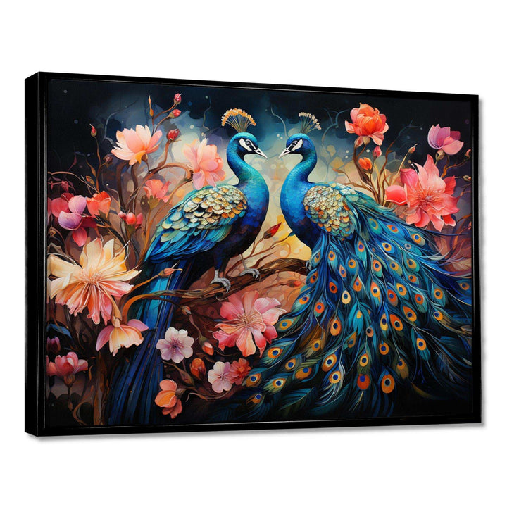 Blue Coral Indian Art Dancing Peacocks II - People Canvas Wall Art