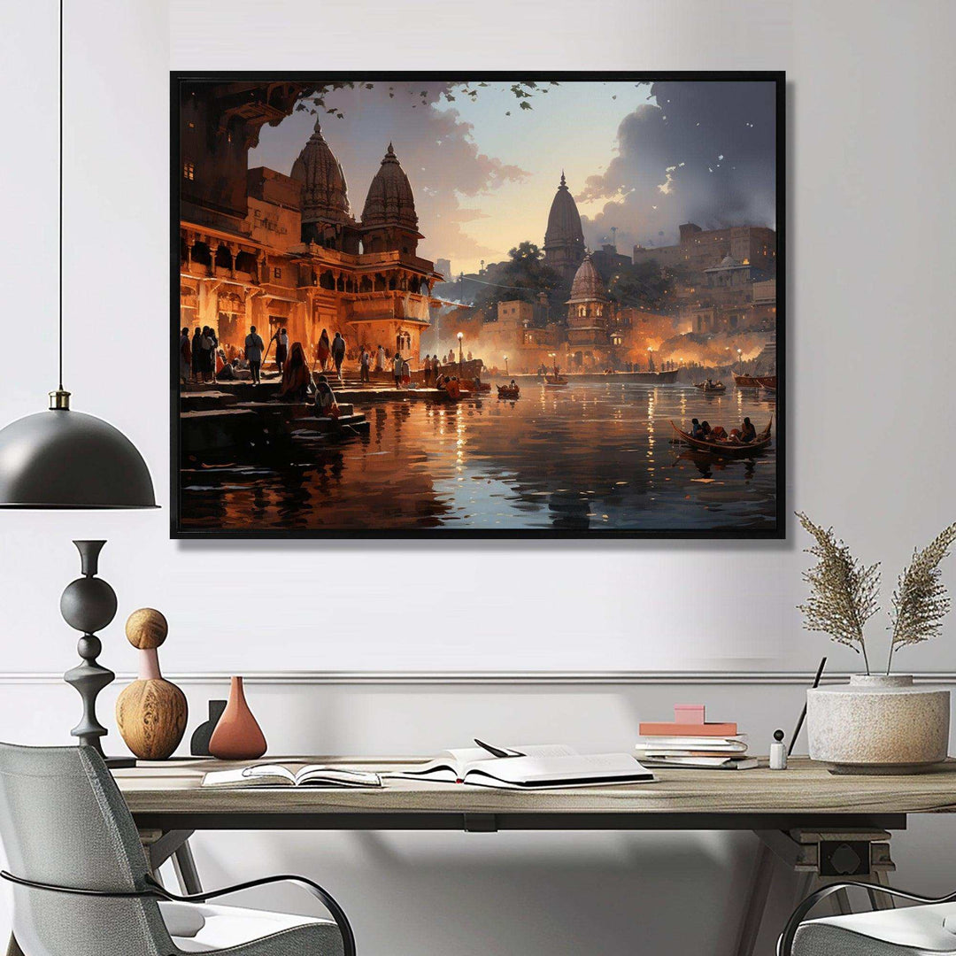 Beige Grey Indian Art Ghats Of - People Canvas Wall Art