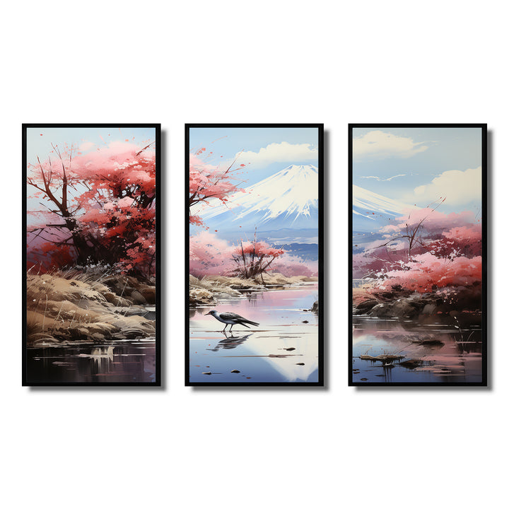 Japon Art Pink Mount Fuji I - 3-Piece Canvas Wall Art