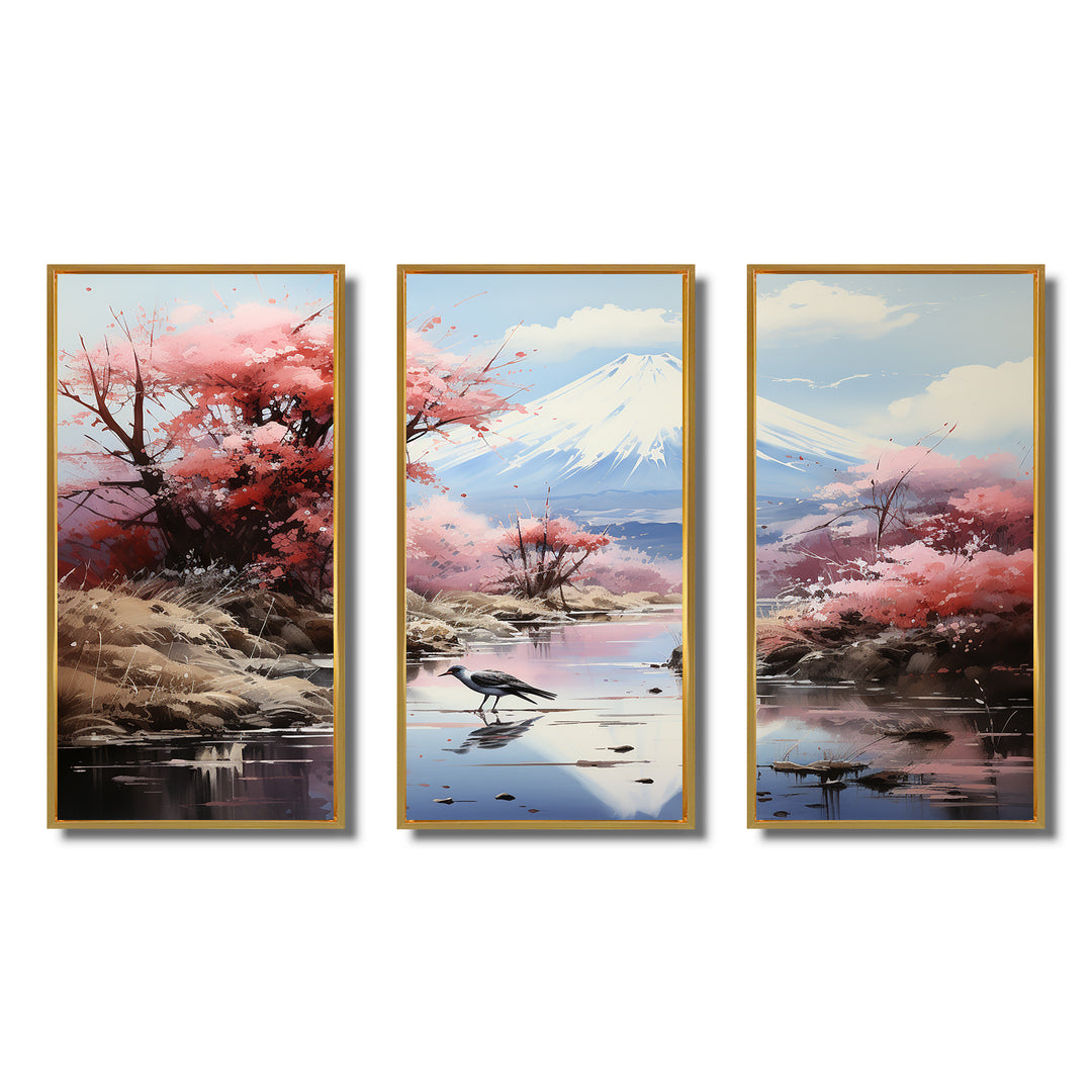 Japon Art Pink Mount Fuji I - 3-Piece Canvas Wall Art