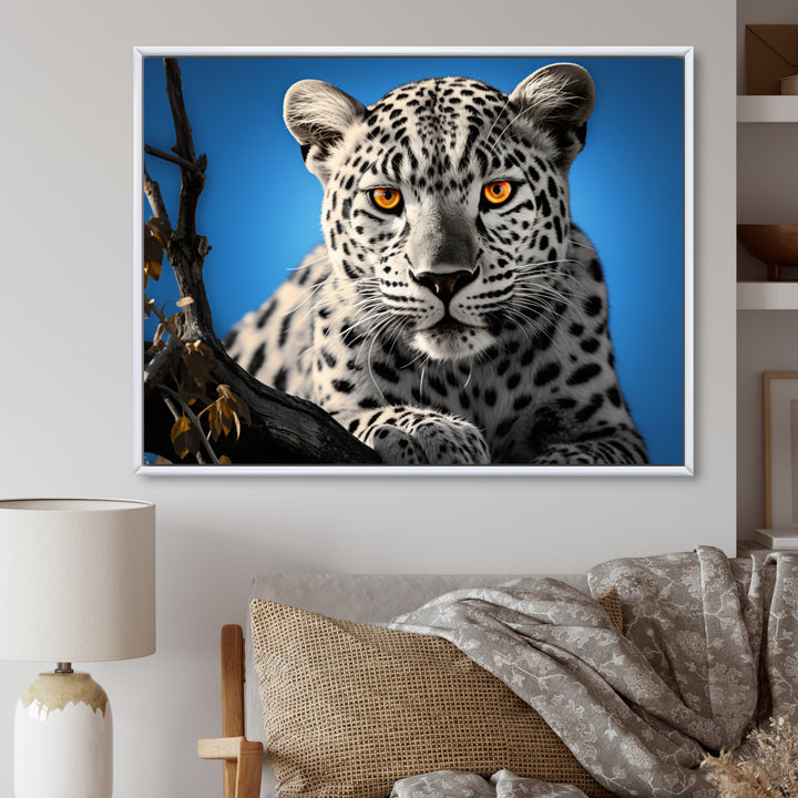 Blue Monochrome Leopard Portrait - Leopard Canvas Wall Art