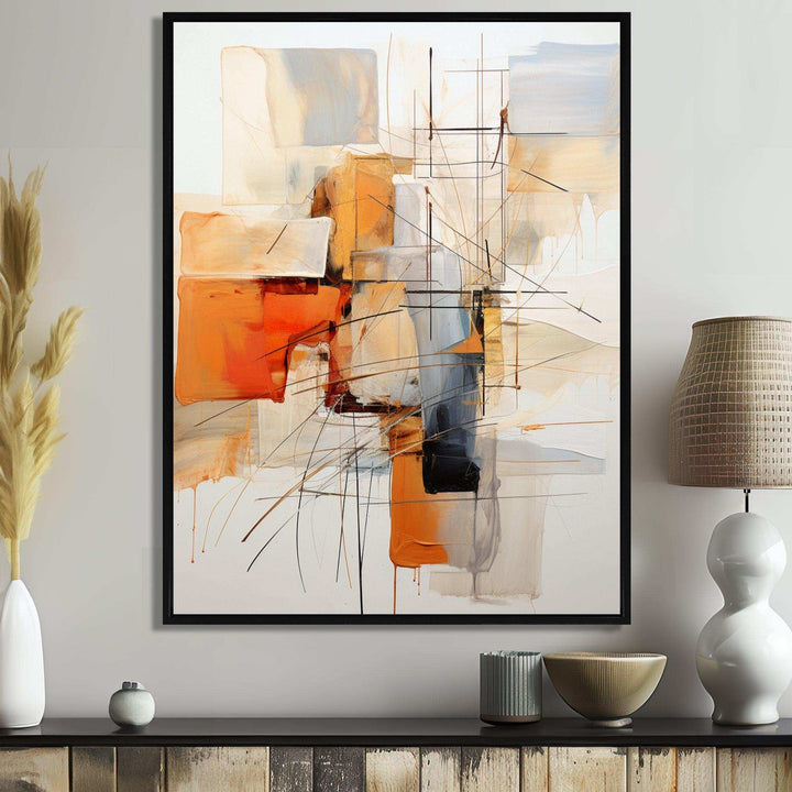 Designart Orange Grey Line Art Abstract Expressionism - Abstract Canvas Wall Art