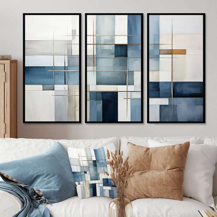 Blue Grey Line Art Abstract Geometrics I - Multi-Panels