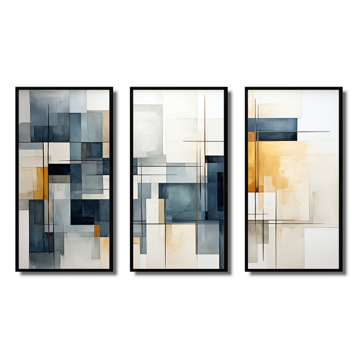 Blue Grey Line Art Abstract Geometrics III - Canvas Wall Art Sets