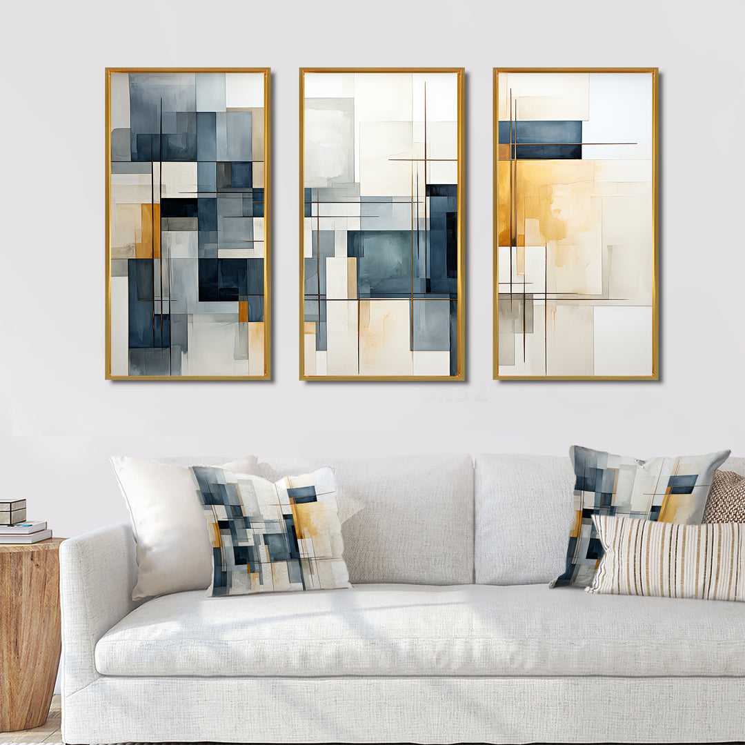 Blue Grey Line Art Abstract Geometrics III - Canvas Wall Art Sets