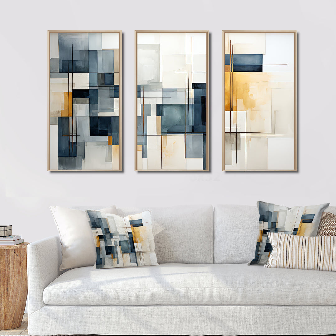 Blue Grey Line Art Abstract Geometrics III - Canvas Wall Art Sets