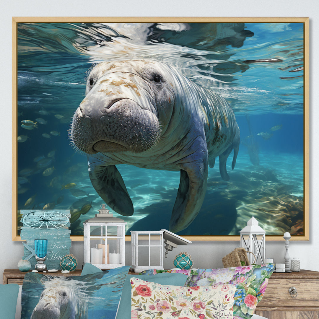 Turquoise Grey Manatee Majesty - Manatee Bedroom Wall Art