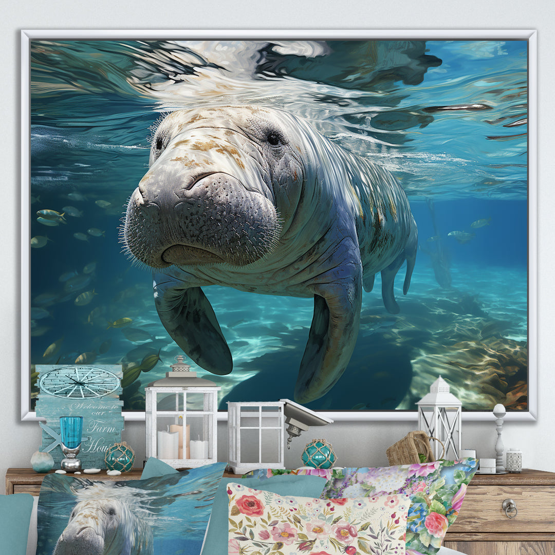 Turquoise Grey Manatee Majesty - Manatee Bedroom Wall Art