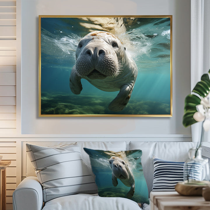 Turquoise Grey Manatee Portrait - Manatee Canvas Wall Art