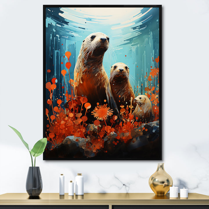 Teal Orange Marine Animals Curious Sea - Marine Animals Canvas Wall Art