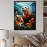 Teal Brown Marine Animals Curious Sea - Marine Animals Wall Decor