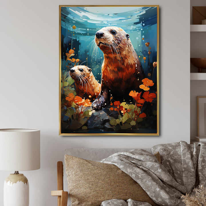 Teal Brown Marine Animals Curious Sea - Marine Animals Wall Decor