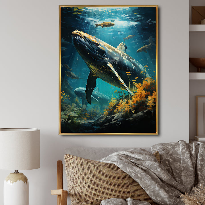 Teal Yellow Marine Animals Graceful Giants - Teal Marine Animals Wall Art