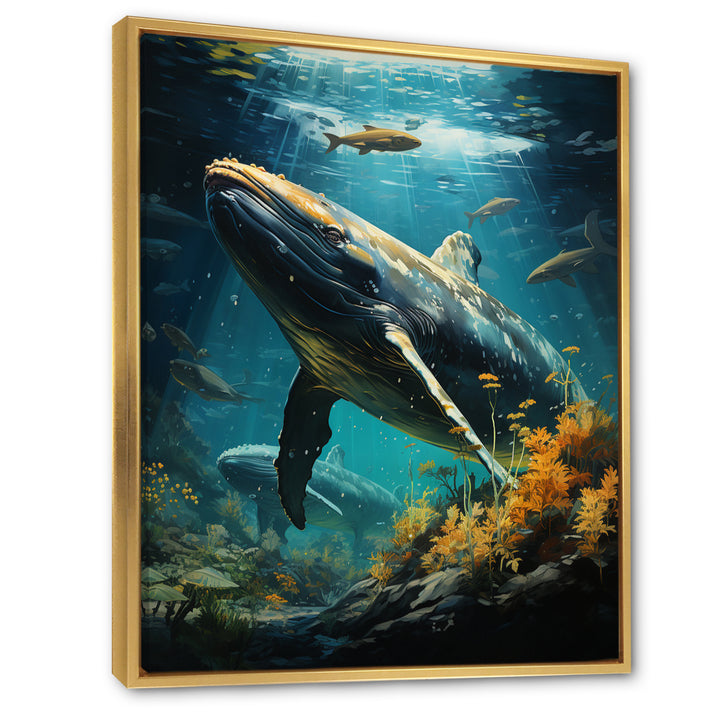 Teal Yellow Marine Animals Graceful Giants - Teal Marine Animals Wall Art