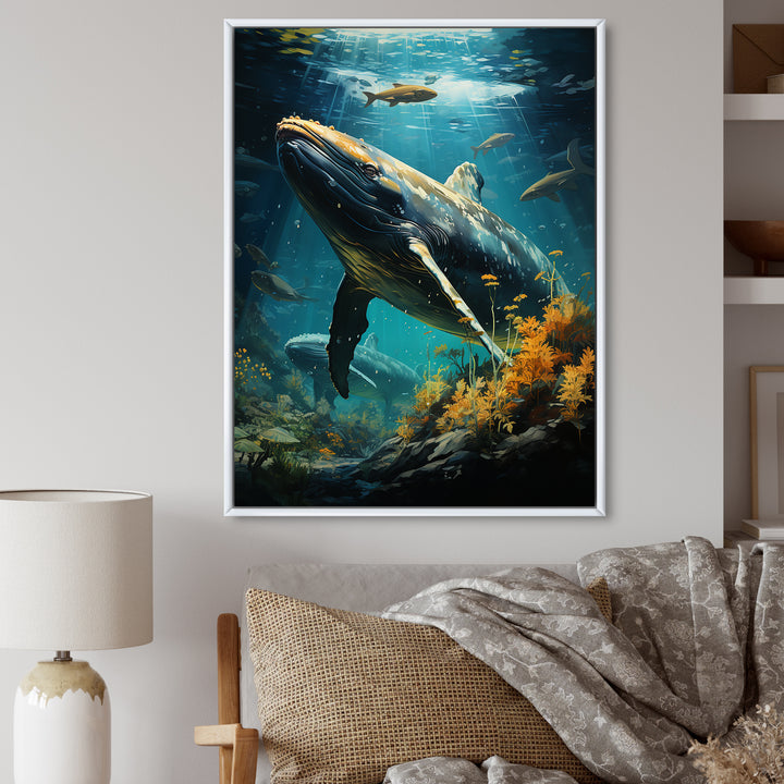 Teal Yellow Marine Animals Graceful Giants - Teal Marine Animals Wall Art