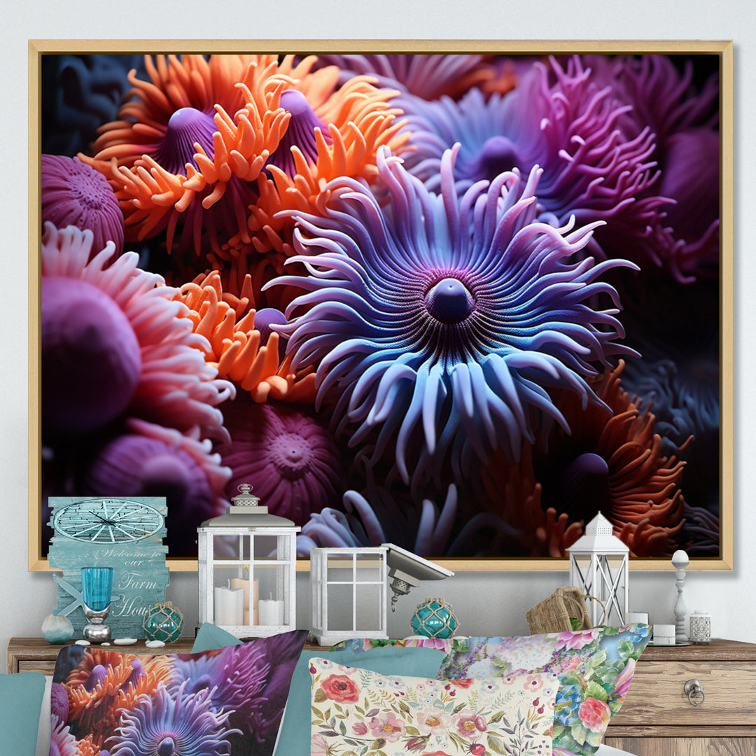 Purple Coral Marine Animals Harmony - Marine Animals Framed Canvas Art