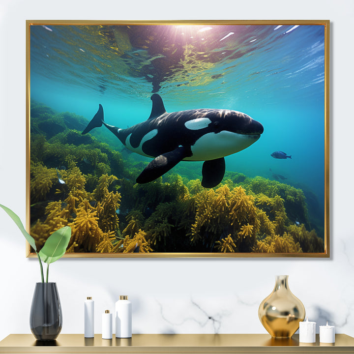 Teal Black Marine Animals Majestic Orcas - Marine Animals Home Decor Art
