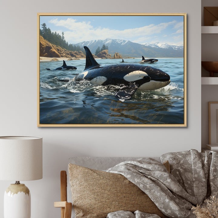 Black White Marine Animals Majestic Orcas - Marine Animals Living Room Wall Art