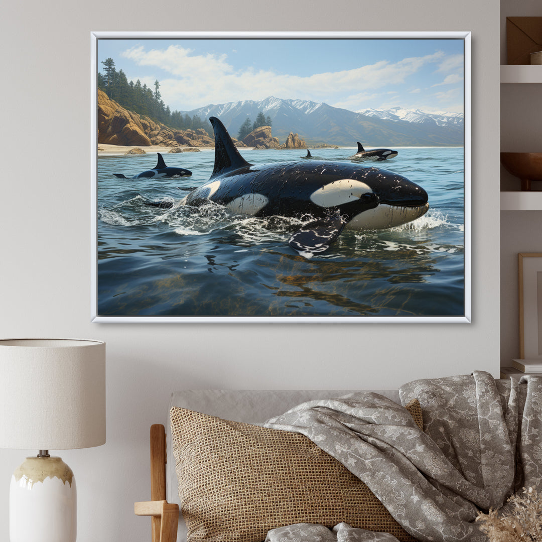 Black White Marine Animals Majestic Orcas - Marine Animals Living Room Wall Art