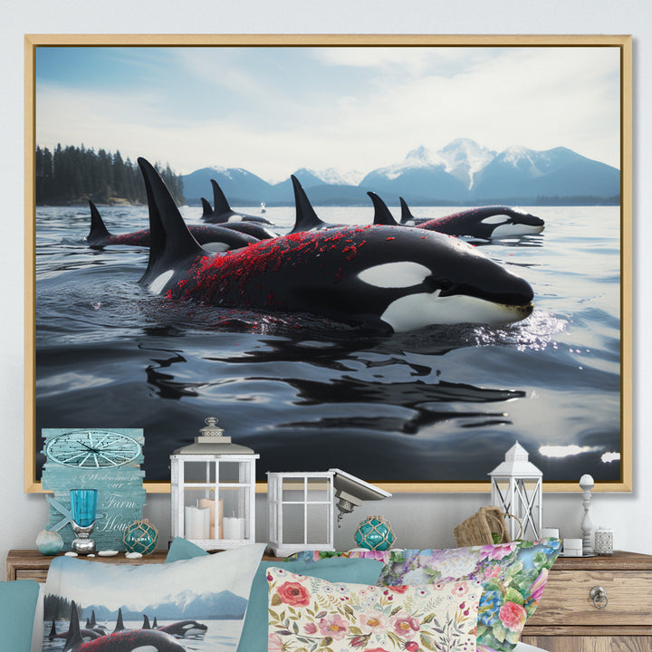 Black Red Marine Animals Majestic Orcas - Marine Animals Canvas Wall Art