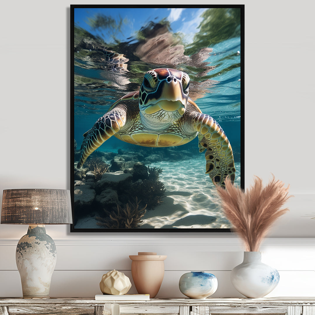 Green Teal Turtle Portrait Stunning - Green Marine Animals Wall Art