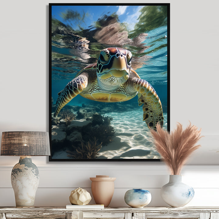 Green Teal Turtle Portrait Stunning - Green Marine Animals Wall Art